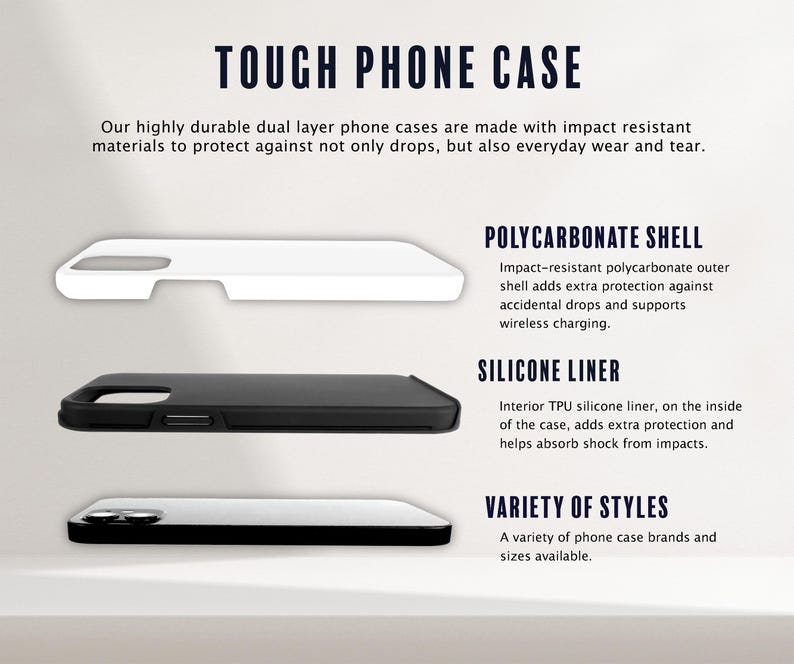 May include: A tough phone case with a polycarbonate shell and silicone liner. The case is designed to protect your phone from drops and everyday wear and tear. It also supports wireless charging.