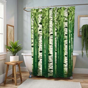 Birch Forest Shower Curtain Aspen Woods Bathroom Decor Fantasy Forestcore Woodcut-Style Trees Green Rustic Cabin Gift Nature Lover New Home