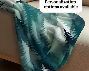 Pine Tree Collage Sherpa Fleece Blanket Misty Forest Winter Tree Home Decor Snowy Wood Nature Lover BFF Gift Muted Blue Green Lounging Throw