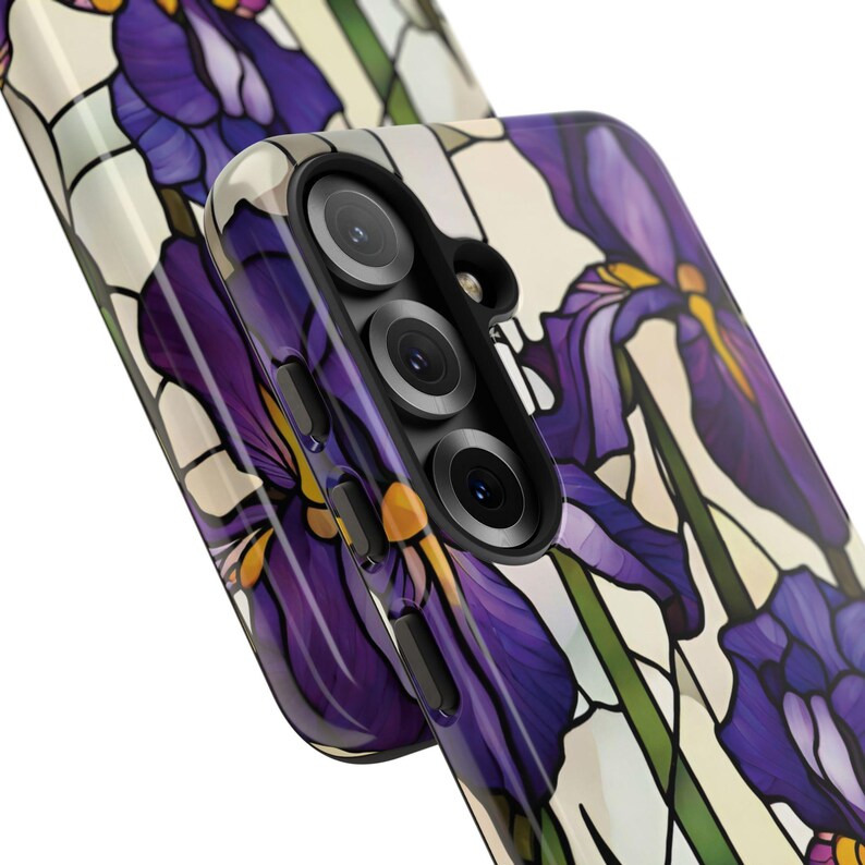 Close-up view of Stained Glass Iris Phone Case, glossy, Samsung Galaxy model