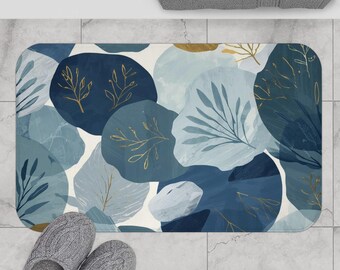 Navy Blue Botanical Bath Mat Organic Abstract Decor with Gold Accents Modern Earthy Spa Bathroom Nature-inspired Minimalist New Home Gift