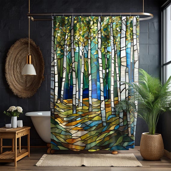 Stained Glass Birch Woods with Blue Shower Curtain Modern Art Deco Trees Nature Lover Green Aspen Tree Blue Sky Bathroom Decor New Home Gift