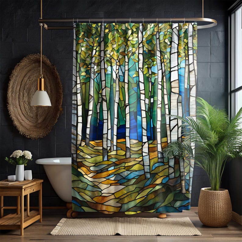 Stained Glass Birch Woods with Blue Shower Curtain
