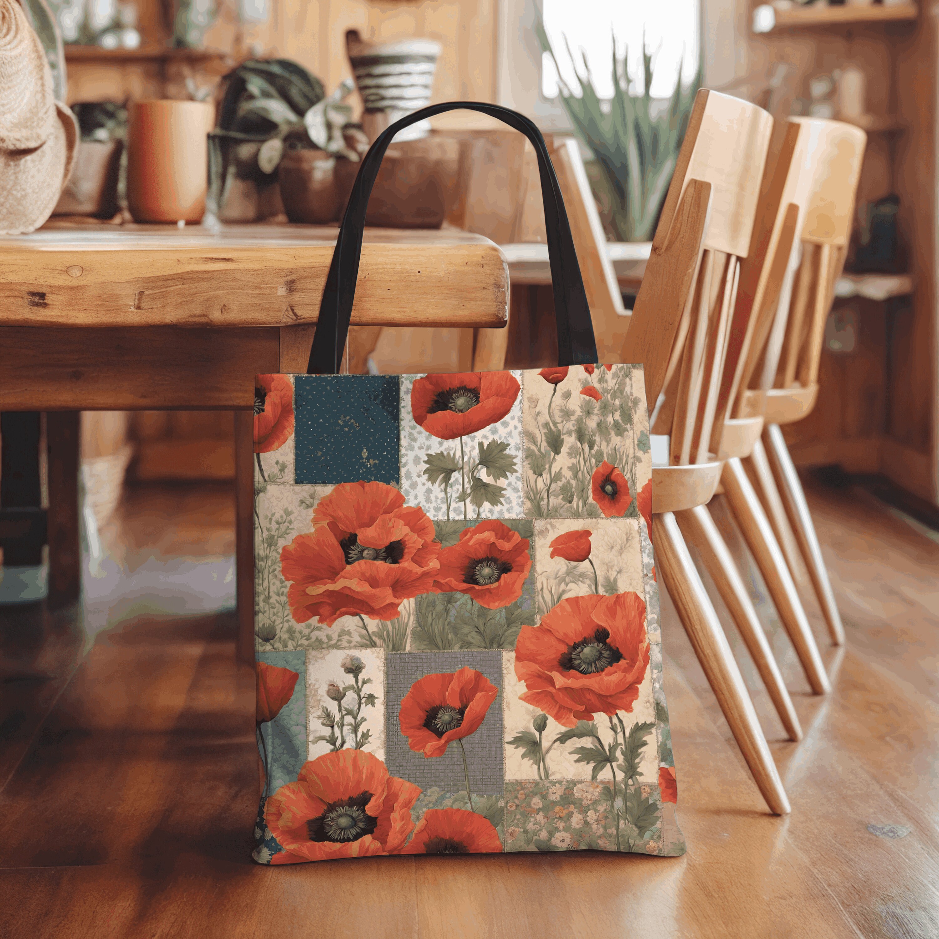 Patchwork-style Poppy Tote Bag for Everyday Life Country-style Red 
