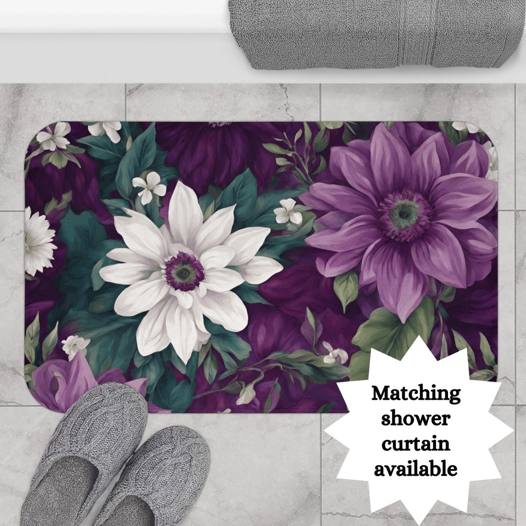 Purple Flowers Bath Mat Anti-slip Backing and Memory Foam Microfiber ...