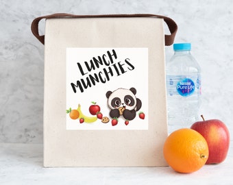 Panda Lunch Bag with Strap, Reusable Cotton Canvas Lunch Bag, Cute Panda Lunch Bag, Back to School, Easy-to-clean Kids Lunch Bag with Velcro