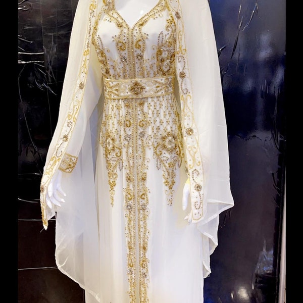 Caftan marocain dubaï arabe Abaya Maxi caftan perlé à la main Farasha longueur de plancher tenue de soirée robe de mariée avec foulard femme