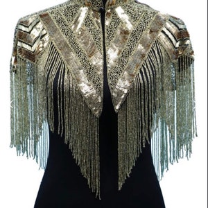Gold Fringe Sequin Glass Beaded & Sequin Collar Shoulder Shrug Shawl Applique Wrap