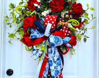 Luxury Patriotic Wreath with Strawberries | Summer Front Door Decor | Red White Blue Floral Wreath