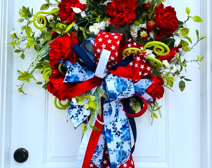 Featured listing image: Luxury Patriotic Wreath with Strawberries | Summer Front Door Decor | Red White Blue Floral Wreath