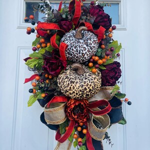 XL Fall wreath for front door, autumn harvest decor with leopard print pumpkins berries and wired ribbon, Cozy thanksgiving wreath for home