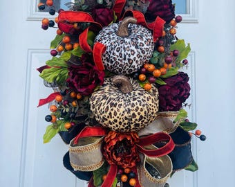 XL Fall wreath for front door, autumn harvest decor with leopard print pumpkins berries and wired ribbon, Cozy thanksgiving wreath for home