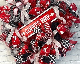 Large Valentine heart wreath for front door, red black and white, whimsical wreath, Cupid wreath, heart ribbon, indoor or outdoor wreath