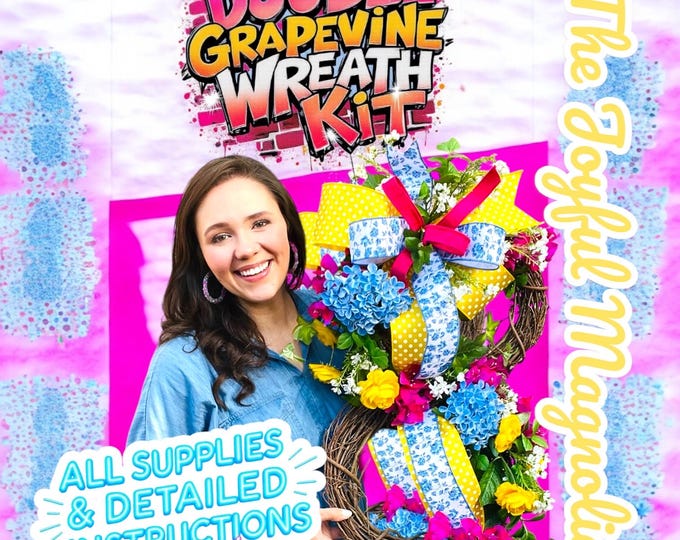 Featured listing image: Double Grapevine Wreath Kit with Yellow Polka Dot & Blue Floral Ribbons – DIY Summer Wreath Kit – Instructions Included – Limited Stock