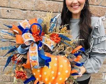 Blue and orange pumpkin Fall wreath, autumn wreath,  metal pumpkin sign, autumn door decor, rustic orange flowers, handmade seasonal decor