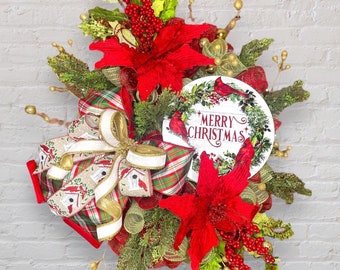 Traditional Cardinal Merry Christmas wreath | red and green wreath | red bird wreath | red poinsetia christmas wreath | traditional wreath