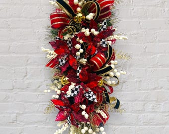 Luxury Black Red and Gold Christmas Swag, Harlequin Holiday Door Wreath, Glam poinsettia Christmas Decoration, Sophisticated Holiday Decor