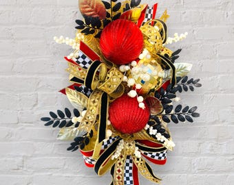 Luxury Black Red and Gold Christmas Swag, Elegant Holiday Door Wreath, Glam Christmas Decoration, Sophisticated Holiday Decor
