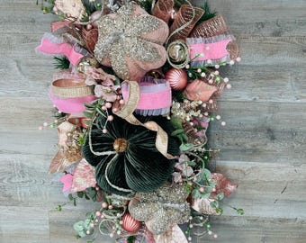 XL Glamorous Pink green and champagne fall wreath swag, elegant floral door swag with luxe flowers, autumn home decor