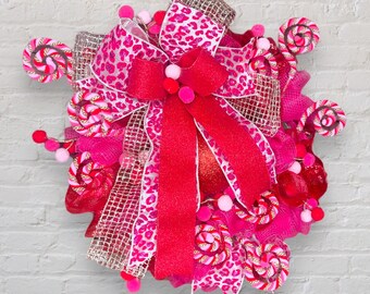 Large Valentine’s wreath pink love wreath, Pink red and gold ribbon and ornaments, Festive wreath for front door, Valentine’s Day ornament