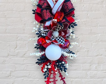 Luxury Red Black and White Christmas Swag Wreath, Harlequin Holiday Door Decor, Elegant Gem-Accented Christmas Wreath, Festive decoration
