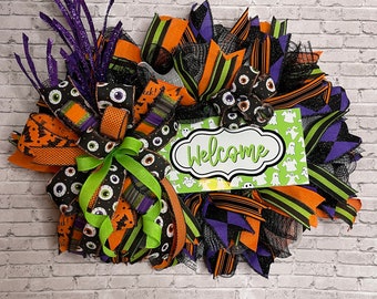 Whimsical Halloween Wreath – Orange, Green, and Purple Deco Mesh with Eyeballs and Glitter Floral Picks, Perfect for Halloween Decor