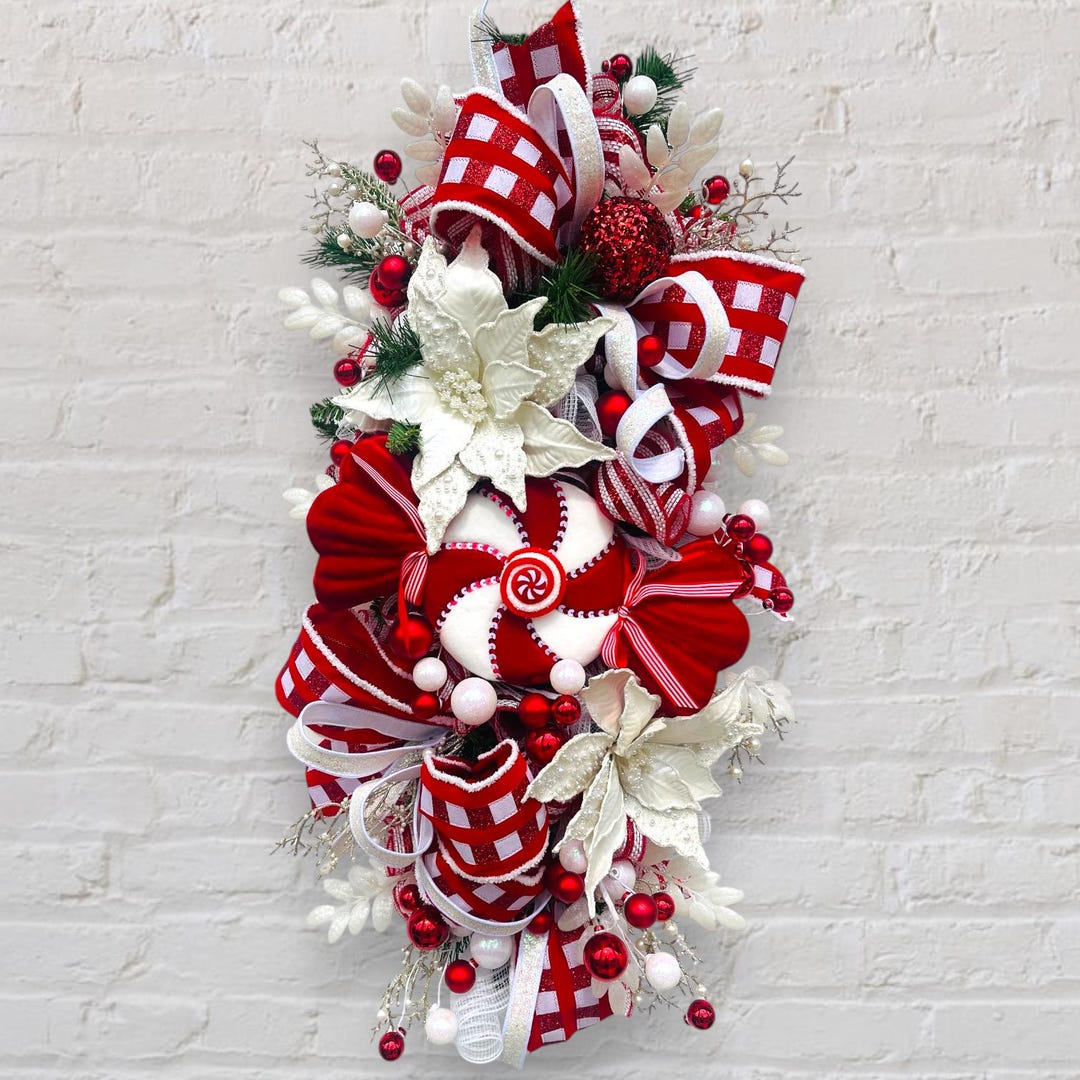 Luxury Red and White Christmas Swag Wreath, Peppermint Holiday Door ...