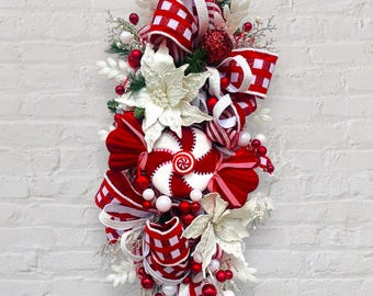 Luxury Red and White Christmas Swag Wreath, Peppermint Holiday Door Decor, Festive Red White Ribbon Wreath, Elegant Christmas Decoration