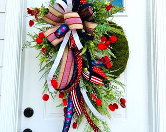 Luxury Patriotic Wreath | Greenery wreath  Summer Front Door Decor | Red White Blue Floral Wreath