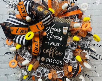 Handmade Coffee Lover's Halloween Wreath - Trick or treat black and white decor, Perfect for coffee enthusiast, pumpkins