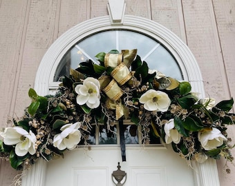 Elegant Magnolia Garland – Real Touch Flowers with Gold Accents – Christmas Mantle Garland - outdoor garland – Seasonal Decor 5.5 feet long