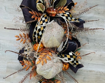 Brown Champagne and orange fall wreath for front door, handmade autumn decor with pumpkins and leaves, thanksgiving wreath