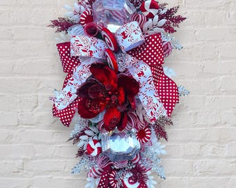 Luxury Red white silver Christmas Swag Wreath, Peppermint Holiday Door Decor, Festive Red White Ribbon Wreath, Elegant Christmas Decoration