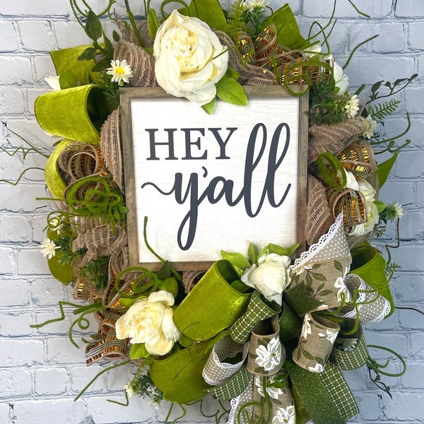 Hey Y’all every day wreath, green decor, year round wreath for front door, farmhouse , green burlap,  Mother’s Day gift, spring decor