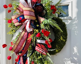 Corona patriótica de lujo / Corona de follaje para la puerta principal en verano / Corona floral roja, blanca y azul