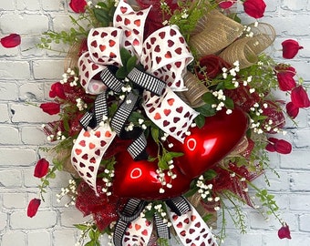 Designer  Valentine’s Day swag , Valentine’s Day decor, rose wreath, red floral wreath, Valentine door wreath, red heart swag, Farrisilk