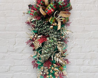 Red gold and green Christmas Wreath Swag for Front Door with glamorous pinecones , Traditional Holiday Decor, front door decoration
