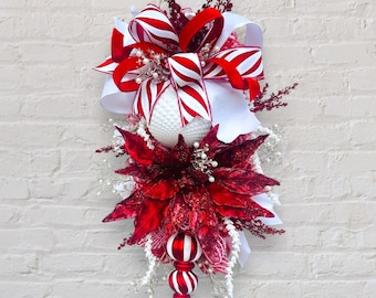 Luxury Red and White Christmas Swag Wreath, Peppermint Holiday Door Decor, Festive Red White Ribbon Wreath, Elegant Christmas Decoration