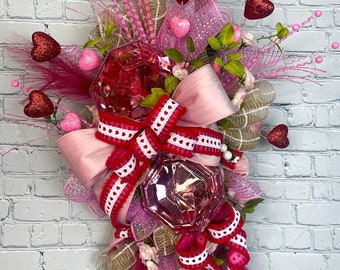 Pink Valentine door  wreath, Large pink jewel swag, Valentine decor, valentines wreath ribbon, heart ribbon, Valentine wreath for door