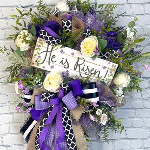 Easter wreath for front door, he is risen, Easter  bows, Jesus sign, large Easter wreath, ivory rose , Christian door decor, empty tomb