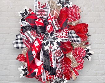 Black and red snowflake Christmas wreath | merry Christmas wreath | Buffalo plaid and red wreath | unique holiday wreath for front door