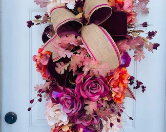 XL Glamorous Pink orange, and Burgundy fall wreath swag, elegant floral door swag with luxe flowers, autumn home decor, velvet ribbon