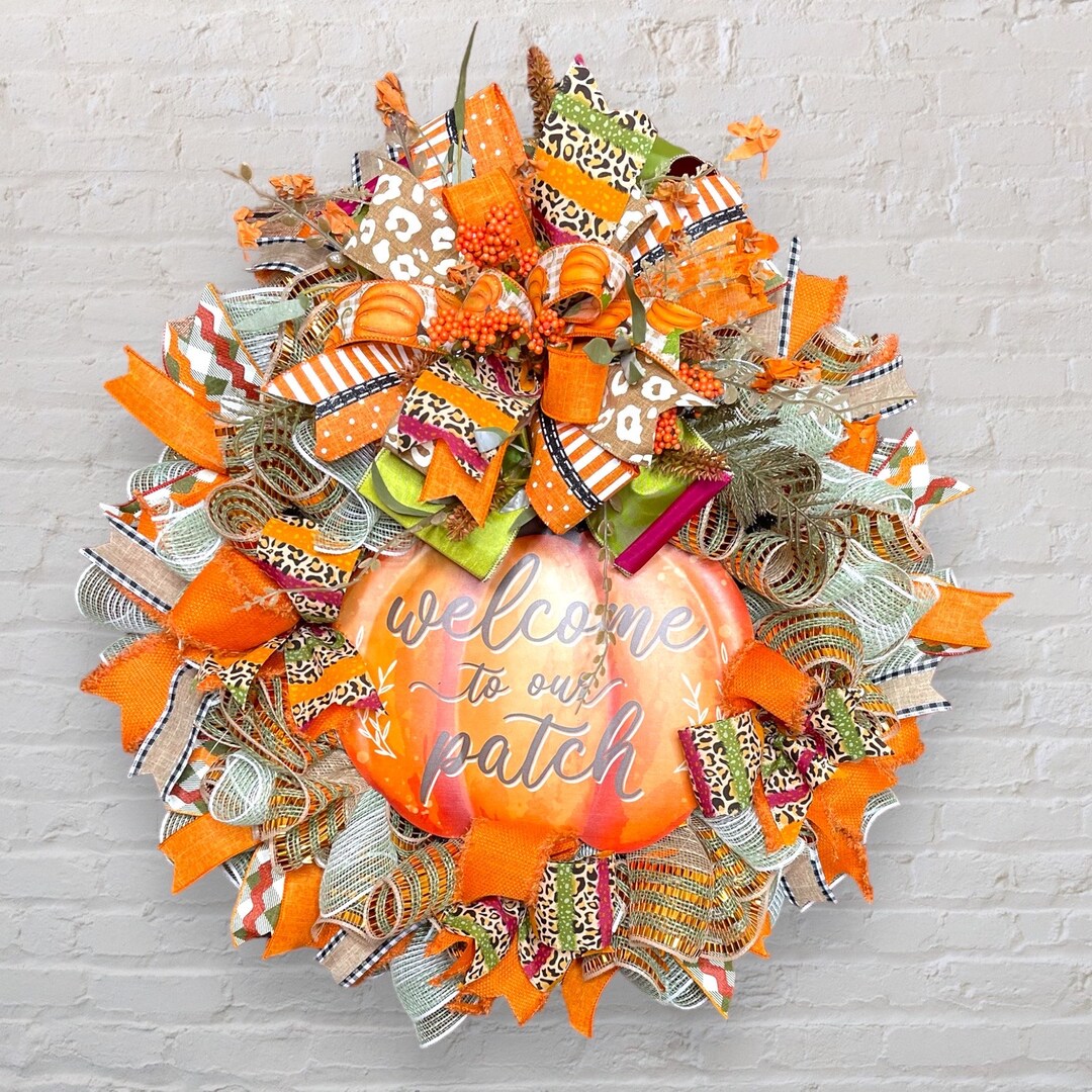 Welcome to Our Patch Fall Wreath, Orange Pumpkin Door Decor, Autumn ...