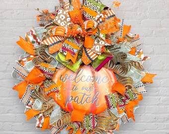 Welcome to Our Patch Fall Wreath, orange pumpkin door decor, Autumn Harvest wreath, Burlap and Leopard Ribbon, Rustic Fall Decoration