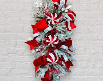 Luxury Red and Silver Christmas Swag Wreath, Peppermint Holiday Door Decor, Festive Red White Ribbon Wreath, Elegant Christmas Decoration