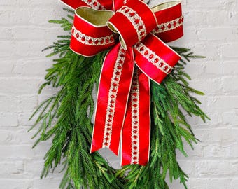 Real Touch Norfolk Christmas Wreath with Red Ribbon, Elegant Holiday Door Decor, Natural Greenery Wreath, Traditional Christmas Decoration