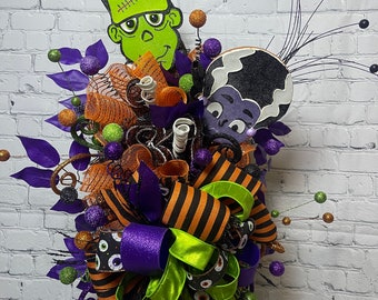 Whimsical Halloween Wreath – Orange, Green, and Purple Deco Mesh with Eyeballs and Glitter Floral Picks, Perfect for Halloween Decor