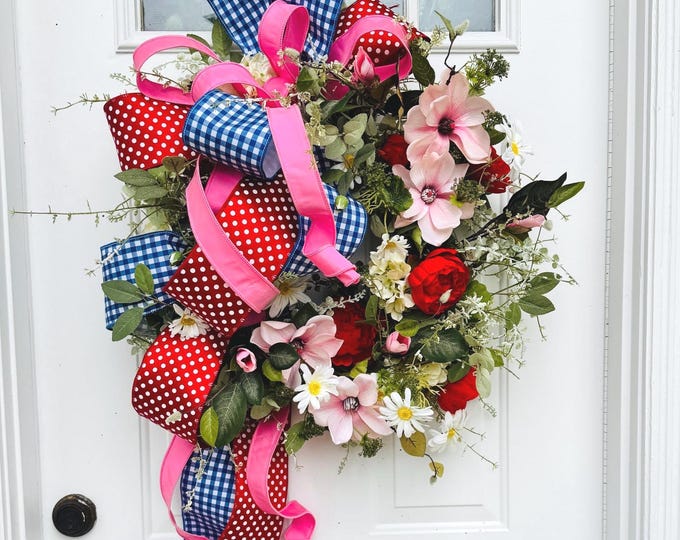 Featured listing image: Luxury Patriotic Wreath | Greenery wreath  Summer Front Door Decor | Red White Blue Floral Wreath