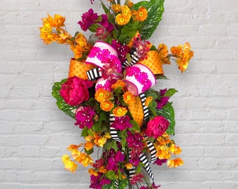 Pink and orange floral swag, wreath for front door, farmhouse,  Mother’s Day gift, spring decor