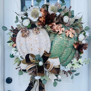 XL handmade fall wreath with autumn leaves and berries, elegant seasonal decor for front door or mantel, Ivory brown green fall decor, porch